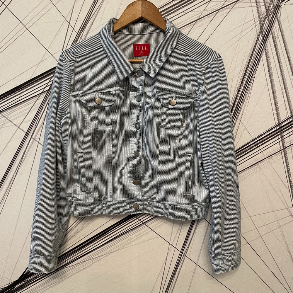 Elle Striped Cropped Denim Jacket Blue & White Women's S